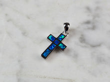 Load image into Gallery viewer, Womens Sterling Silver Blue Opal Religious Cross Pendant 1.8g E844