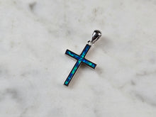 Load image into Gallery viewer, Womens Sterling Silver Blue Opal Religious Cross Pendant 1.7g E845