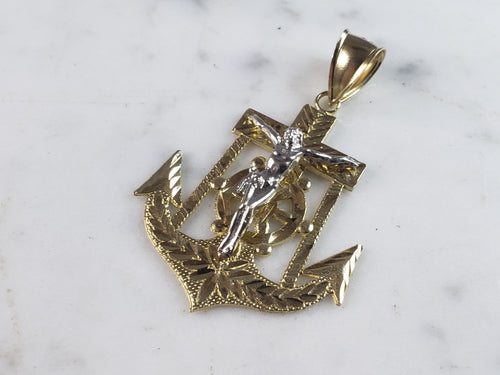Vintage Estate 10K Yellow Gold Religious Jesus on Cross & Anchor Pendant 6.1g E1094