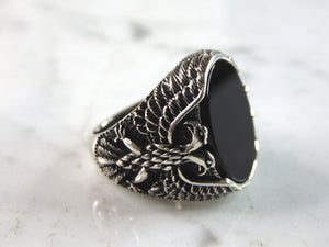 Mens Sterling Silver Onyx Eagle Ring 14.7g E2117