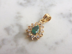 Womens Vintage Estate 14k Yellow Gold Diamond Emerald Pendant 2.3g  E3896