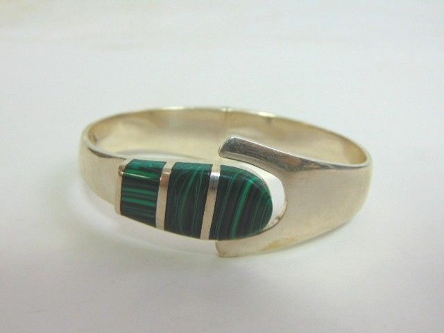 Vintage Estate Sterling Silver Bracelet w/ Inlaid Malachite 53.9g E938
