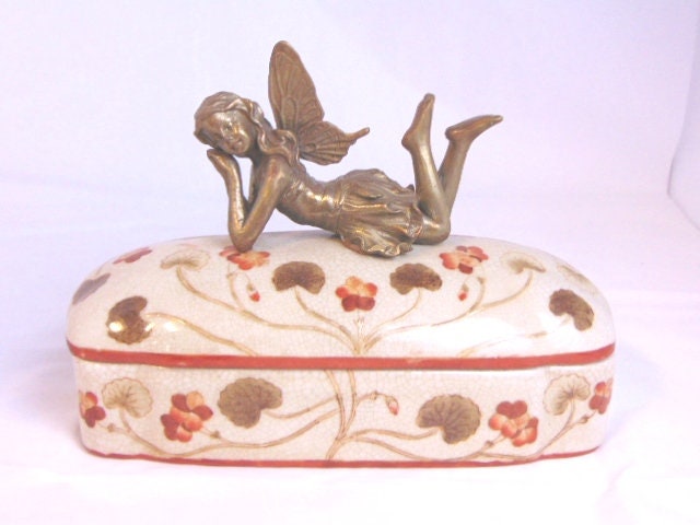Decorative Victorian Art Nouveau Style Porcelain Vanity Box w/ Fairy