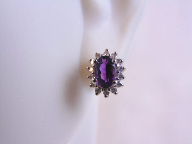 Pr Womens Vintage Estate 14K White Gold Diamond Amethyst Earrings, 2.4g E3898