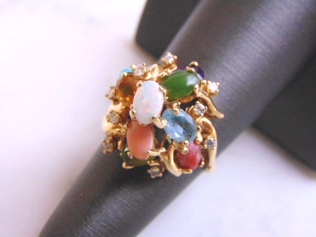 Unusual Womens Vintage Estate 14K Gold Multi Stone Ring w/ Diamonds 7.5g #E2924