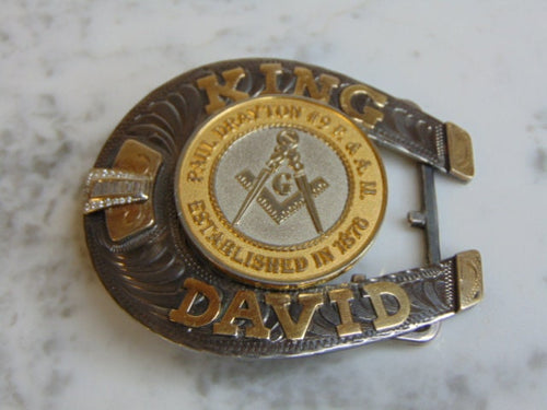 Vintage Estate Lucky Horseshoe Free Masons Sterling Silver & 10k Diamond Belt Buckle