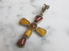 Load image into Gallery viewer, Womens Vintage Estate Sterling Silver Amber Stones Cross Pendant 4.0g E4612