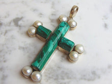 Load image into Gallery viewer, Womens Vintage Estate Sterling Silver Malachite Cross Pendant 39.8g E4944
