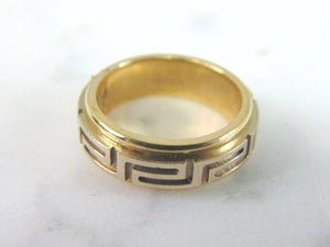 Mens Vintage Estate 14K Yellow & White Gold Greek Key Wedding Ring, 8.8g E5974